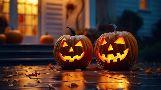 two spooky halloween pumpkin on the stairs