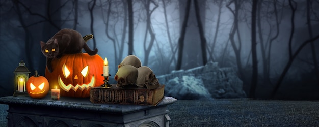 Two spooky halloween pumpkins Jack O Lantern table with a misty gray coastal night background