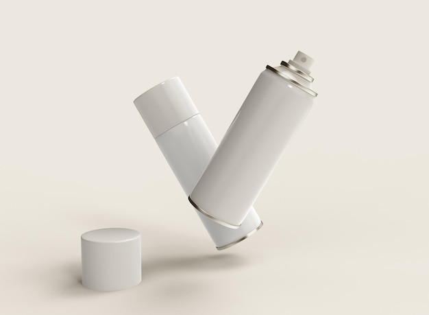 Two Spray Cans Floating on Beige Background. 3d rendering