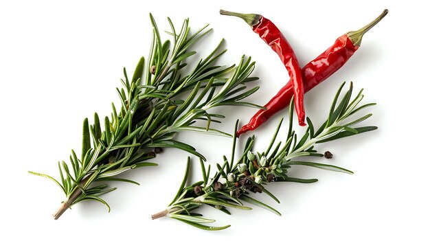 Photo two sprigs of fresh rosemary with dried red chili peppers isolated on white background