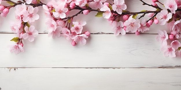 Two spring flowering branches with a lot of pink blossoms on white wooden background Generative AI