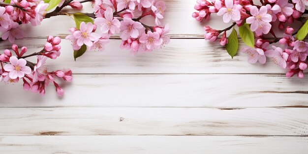 Two spring flowering branches with a lot of pink blossoms on white wooden background Generative AI