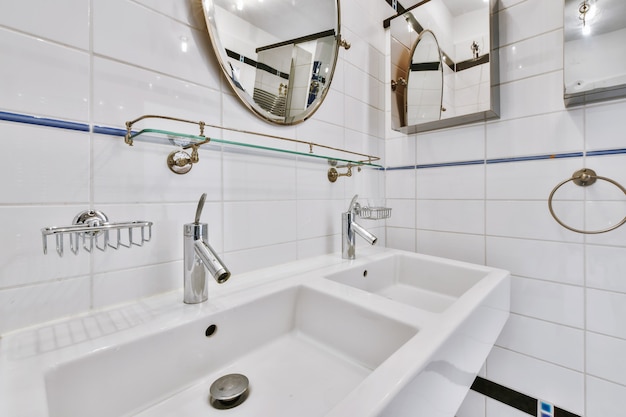 Two square stylish sinks in stylish bathroom