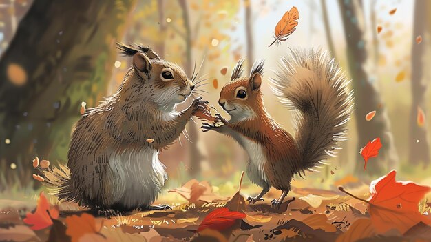 Photo two squirrels are playing in the autumn forest they are chasing each other and playing with leaves