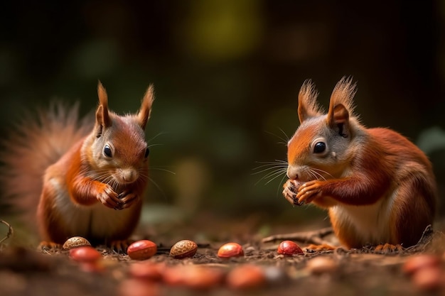 Two squirrels eating peanuts in the forest