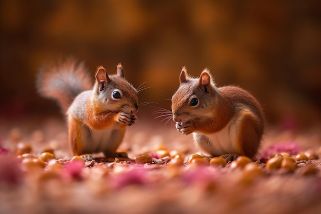 Two squirrels eating peanuts in front of a dark background