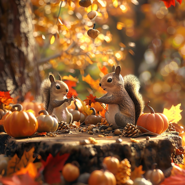 Foto due scoiattoli seduti su un tronco d'albero con una zucca e uno scoiattolo su di esso