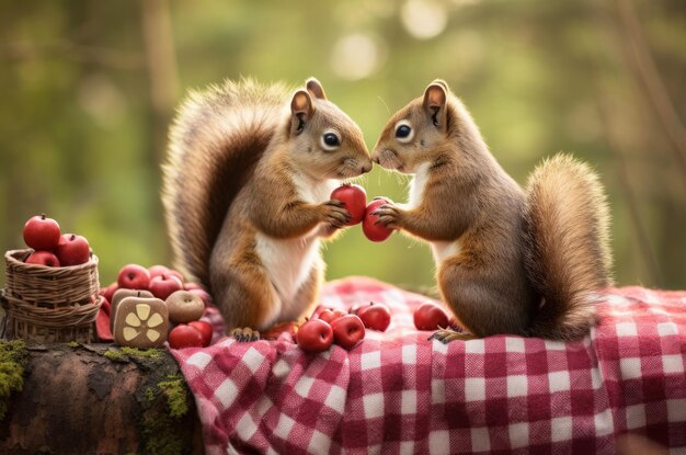 Two squirrels sitting on a checkered blanket sharing acorns and berries in a heartshaped arrangement