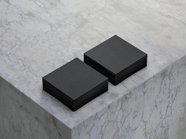 Two stacks of black textured square paper sheets mockup on concrete cube, 3d rendering