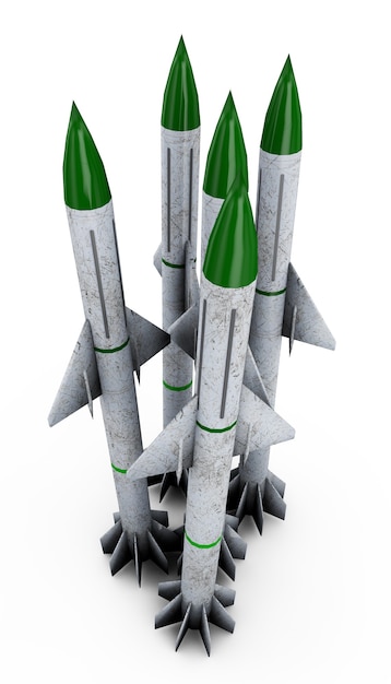 2段ミサイル、白い背景の3Dイラストにフィンとロケット