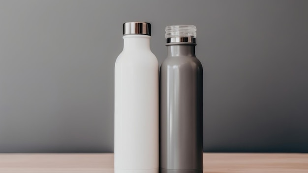 Two stainless steel reusable water bottles on a wooden table.