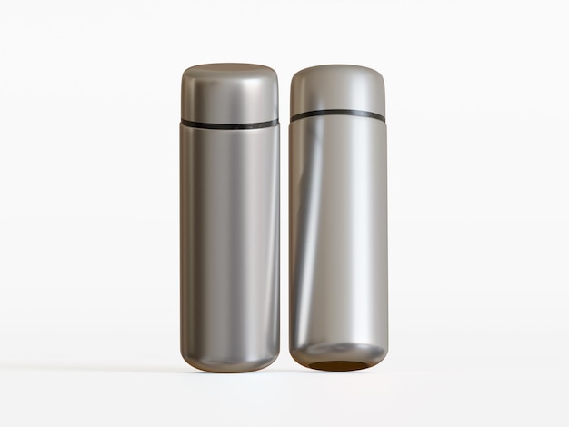 Two Stainless Steel Thermos Bottles on White Background