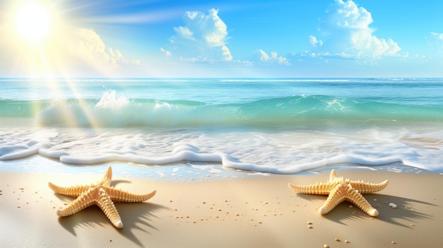 여름과 휴식을 상징하는 배경의 파도와 함께 모래 해변에 있는 두 개의 바다 별.