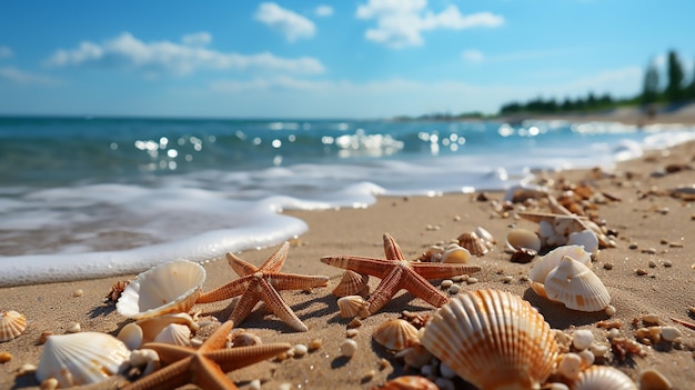 エキゾチックなファンタジー風景のスタイルの空のビーチにある 2 つのヒトデと貝殻