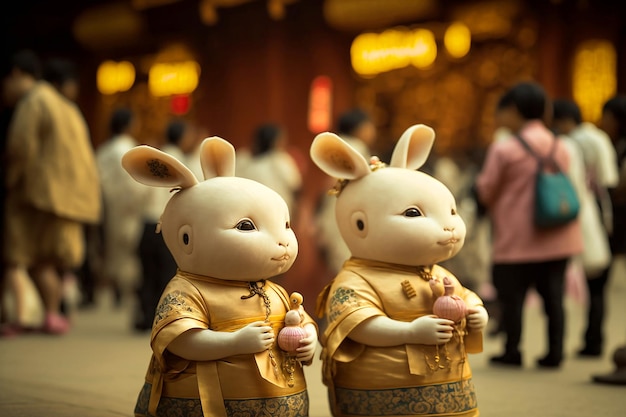 기모노를 입은 토끼 조각상 두 개가 군중 앞에 서 있습니다.