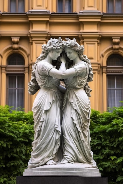 Photo two statues of women are outside of a building with the words  two  on them