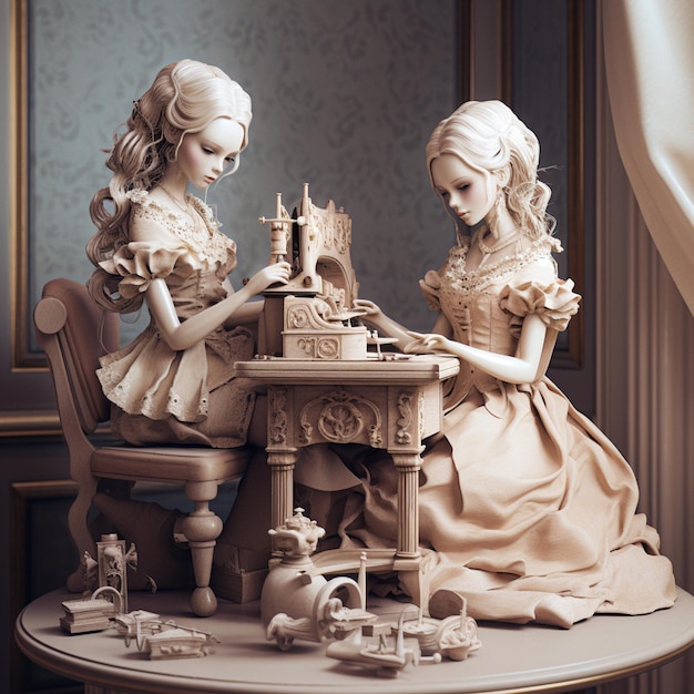 Two statues of women are sewing on a table.