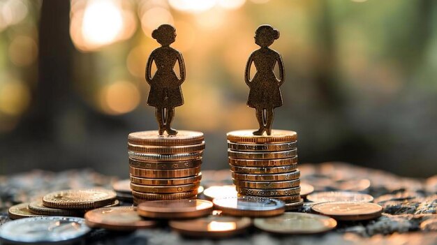 Photo two statues of women are standing next to a stack of coins