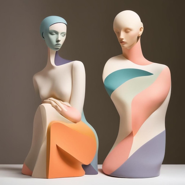 two statues of women sit side by side