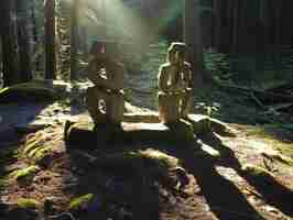 Photo two statues in the woods with the sun shining through them