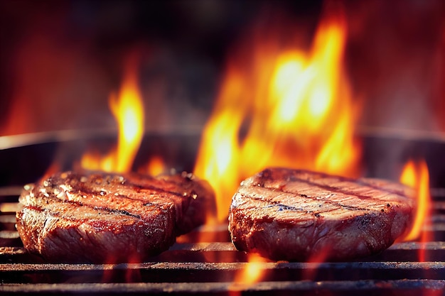 Two steak medallion grilling on open flame