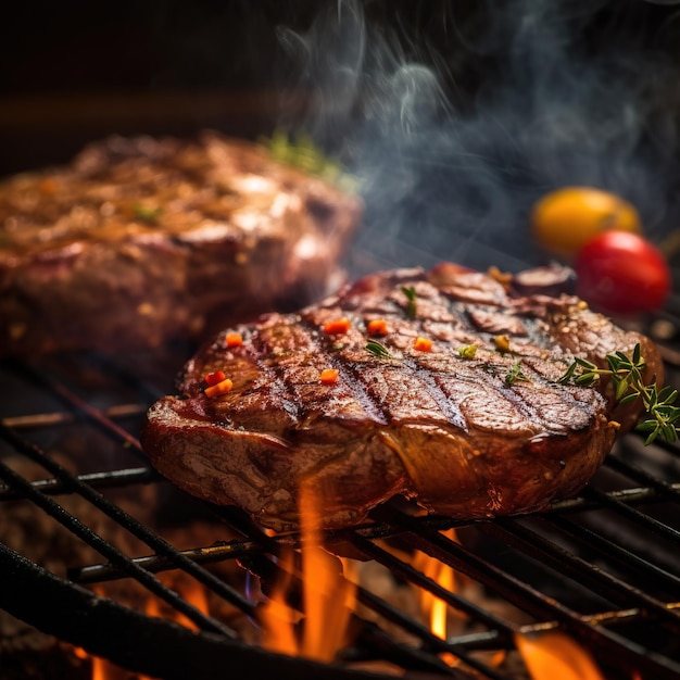 Two steaks on a grill with a flame in the background