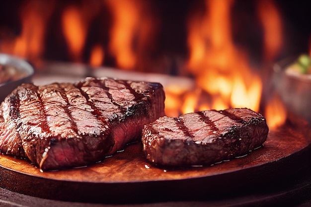 Two steaks sitting on a plate in front of a fire generative AI