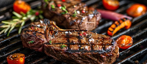 Two Steaks Sizzling on Grill