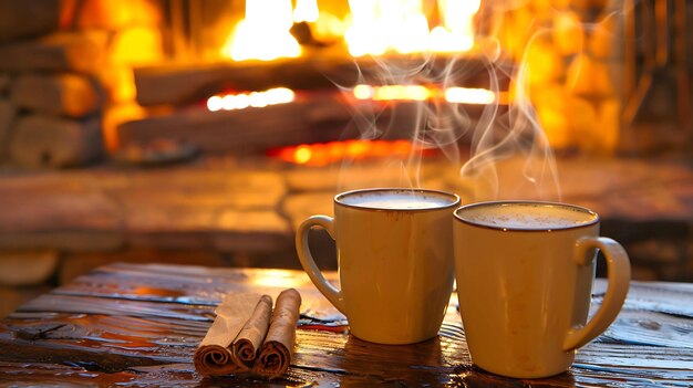 Photo two steaming mugs of hot chocolate sit on a wooden table in front of a cozy fireplace