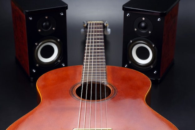 Two stereo audio speakers, and classical acoustic guitar