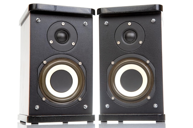 two stereo audio speakers on a white background sound and media