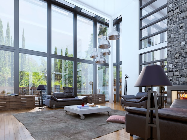 Two storey modern living room with windows with white walls.