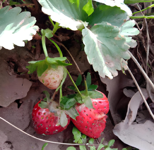 Two strawberries are growing on the ground with leaves on the ground.