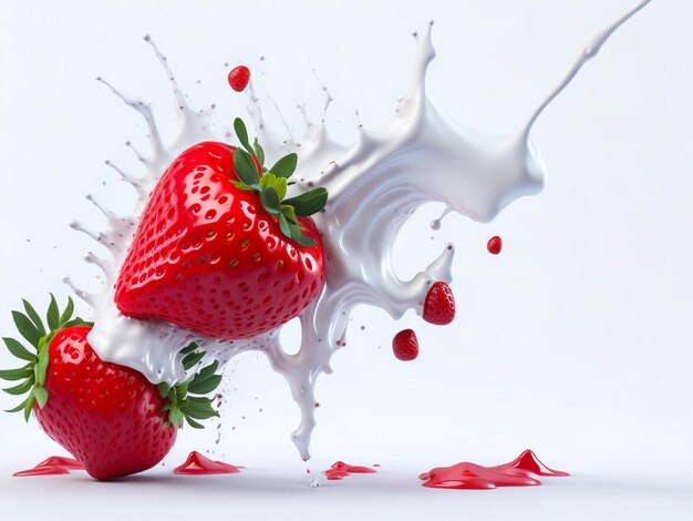 Two strawberries falling into milk Splash isolated on white background