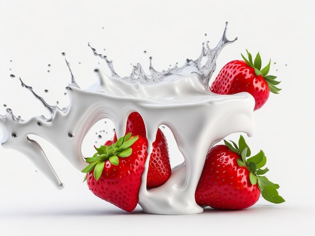 Two strawberries falling into milk Splash isolated on white background