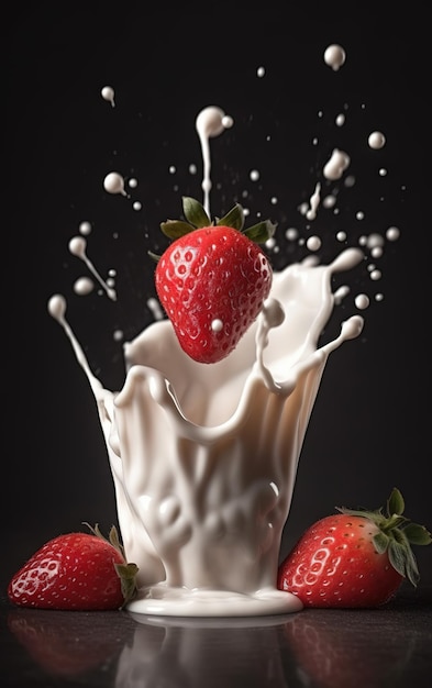 Two strawberries falling into milk