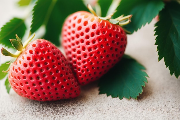 Two strawberries on a sand surface with the word strawberry on the side