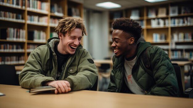 Photo two student friends sitting in the library getting ready for class