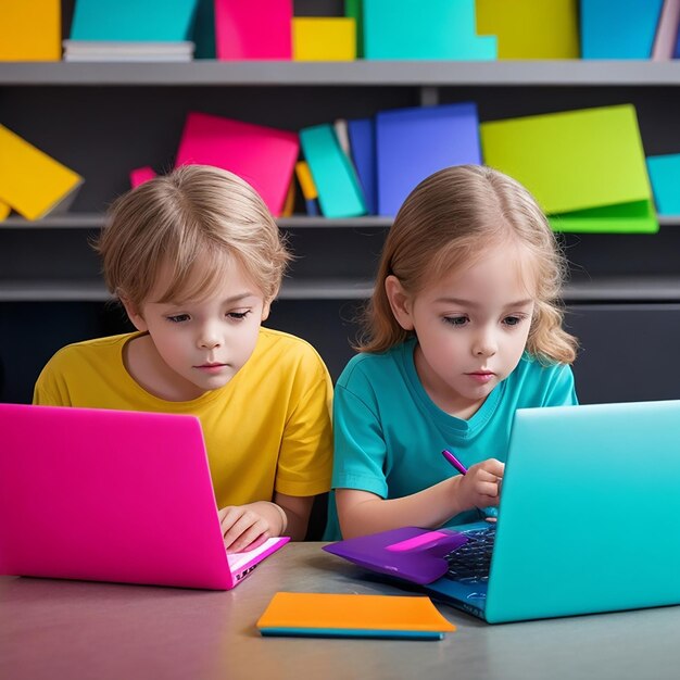 Two students in a classroom using a laptop together