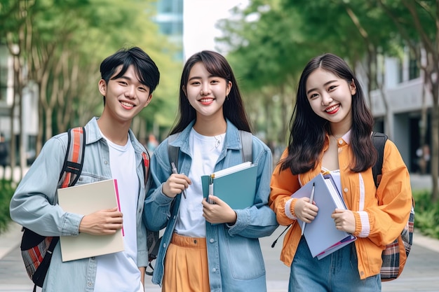 Photo two students with books and one has a blue jacket on
