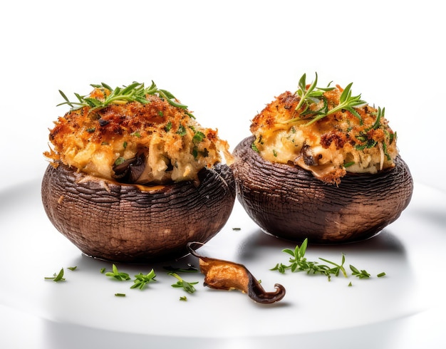Two stuffed mushrooms with a mushroom on a white background
