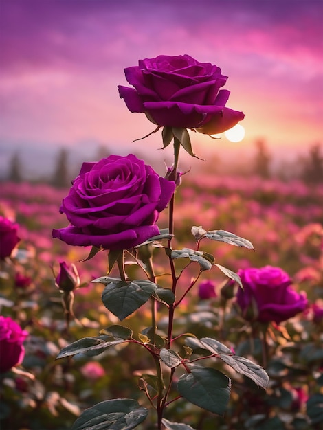 Foto due splendide rose in un campo con un tramonto sullo sfondo