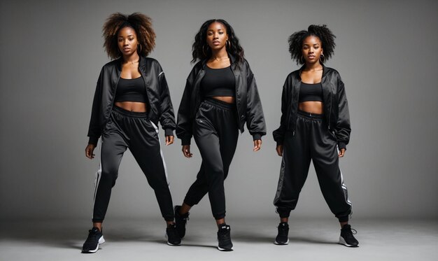 two stylish african american girls dressed in sports modern black clothes are dancing in the studio