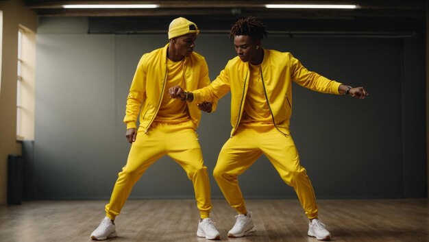 two stylish african american young man dressed in sports bright yellow modern clothes are dancing