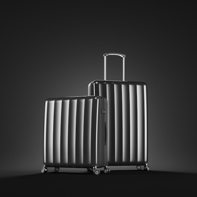 Two stylish black suitcases standing over black background. Concept of tourism and travelling. 3d rendering