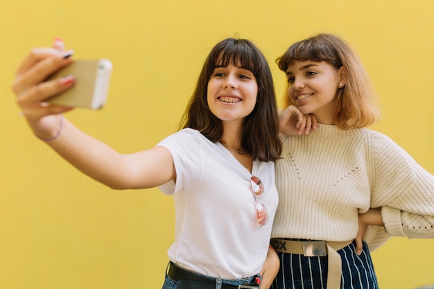 사진 농담 두 세련 된 학교 친구 여자 selfie을 만들고 노란색 배경에 웃 고.