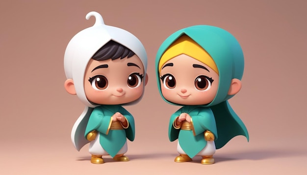 Photo two stylized characters possibly representing children dressed in festive green and gold attire th