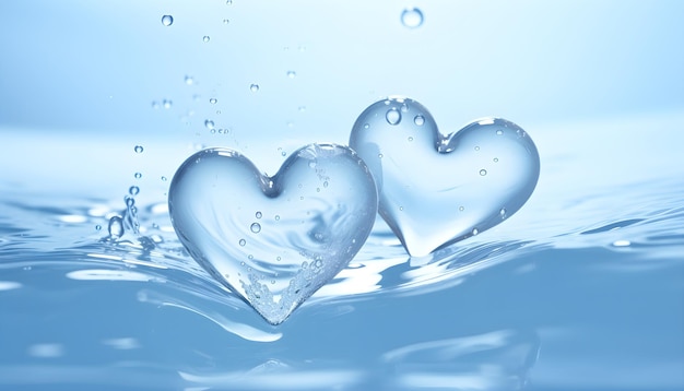 Two stylized underwater hearts on a blue background with water drops