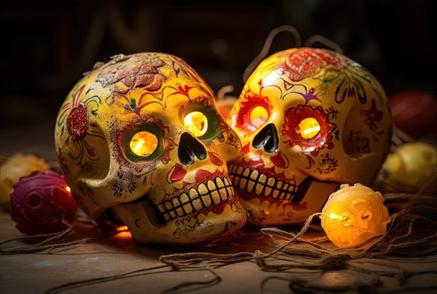 two sugar skulls surrounded by other decorations in the style of play with light