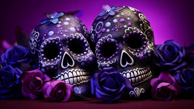 two sugar skulls with purple roses on a table